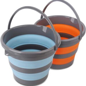 2 Pack Collapsible Plastic Bucket with 2.6 Gallon (10L) Each, Foldable Round Tub for House Cleaning, Space Saving Outdoor Waterpot for Garden or Camping, Portable Fishing Water Pail (Blue & Orange)