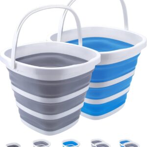 2 Pack Collapsible Buckets 10L 2.6 Gallon Cleaning Bucket Mop Bucket Folding Foldable Portable Small Plastic Water Supplies for Outdoor Garden Camping Fishing Car Wash Space Saving Square Grey Blue
