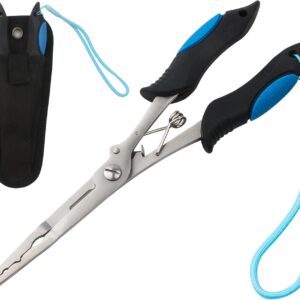 Fishing Pliers Long Nose Stainless Steel Fish Hook Remover Braid Cutters Split Ring Fish Pliers with Lanyard Fish Holder Ice Fly Fishing Gear Freshwater Saltwater Fishermen Gift