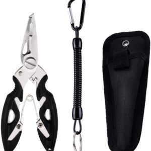 Fishing Pliers, Multi-Function Hook Remover Split Ring Fishing Gears Accessories, Stainless Steel Line Cutter with Sheath and Lanyard Fly Fishing Tools Set