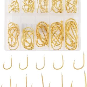 Fishing Hook Set 3-12#, High Carbon Steel Fishhooks No Holes, Strong Sharp Fish Hook with Barbs for Freshwater Seawater (100Pcs, Gold)