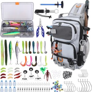 Fishing Backpack with Tackle Boxes,Waterproof Fishing Shoulder Bag with Rod Holder,Fish Bag with 136 Pcs Fishing Lures Kit,Fish Hook Remover Tool,Fish Lip Gripper,Fishing Plier,Gifts for Men (Gray)