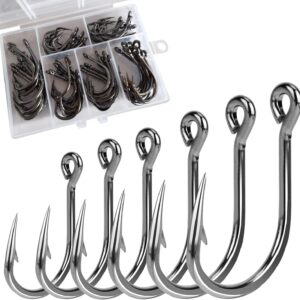 60PCS/Box  Fishing Hooks, Extra Strong Fish Hooks Stainless Steel Fishing Hooks 6 Sizes: 4/0 5/0 6/0 7/0 8/0 9/0#