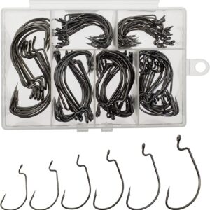 for Bass Fishing Hooks, 110pcs Bass Hooks Fishing, 6 Sizes Fishing Hooks Freshwater,  Fishing Hooks Bass #1 1/0 2/0 3/0 4/0 5/0 High Carbon Steel with Portable Plastic Box