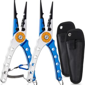 2 Pcs Fishing Pliers Saltwater Braid Cutters 7.8 Inch Fishing Hook Remover Split Ring Fishing Tools with Sheath and Lanyard Gear Gifts for Fish Line Cutting Boat Fly Ice Fishing Accessories