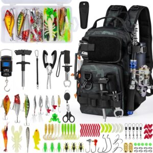 Fishing Backpack with Rod Holder, Fishing Tool Kit, Water-Resistant Bag With Fishing Lures Kit, Fishing Tackle Box and Pliers Set for Men Women (Black Camo-87pcs)
