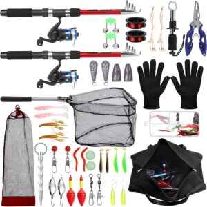 Telescopic Fishing Rod and Reel Combo, 6.89ft 2pcs Collapsible Rod with Plier Lip Gripper Lures Carrier Bag Pre-Loaded Spinning Reel Saltwater Freshwater Fishing Pole Kit